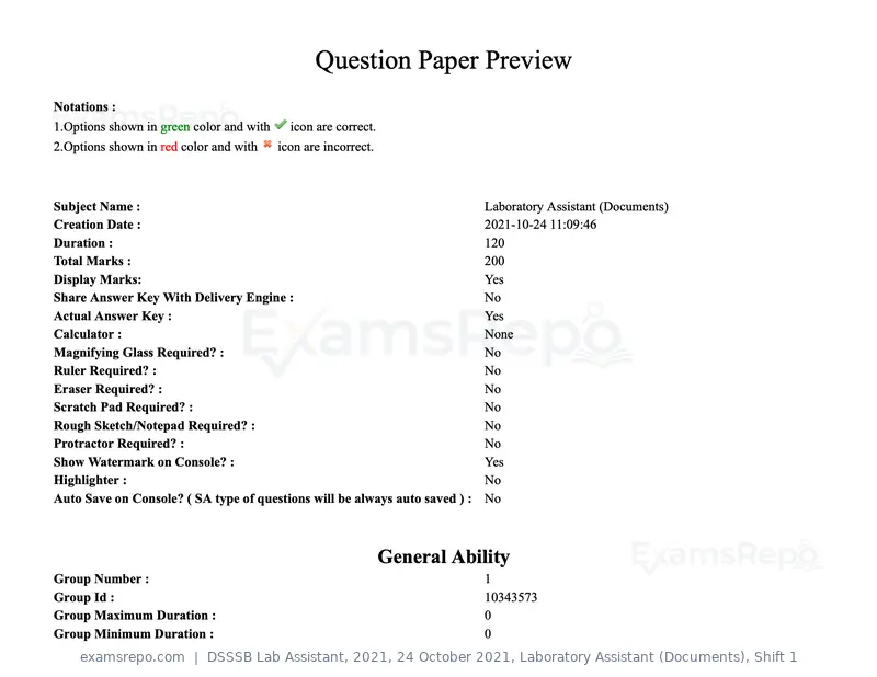DSSSB Lab Assistant 2021 question paper, 24 October 2021, Laboratory Assistant (Documents), Shift 1, page 1 of 157