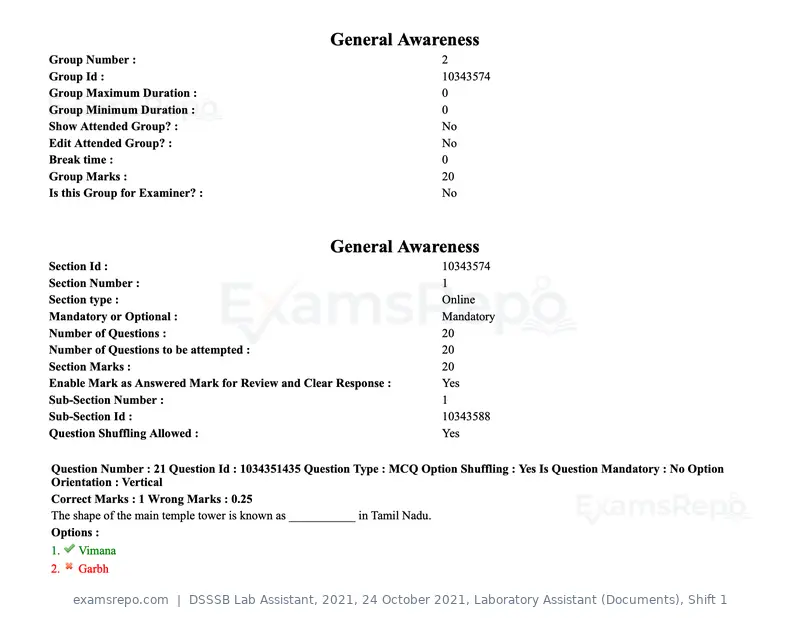 DSSSB Lab Assistant 2021 question paper, 24 October 2021, Laboratory Assistant (Documents), Shift 1, page 24 of 157