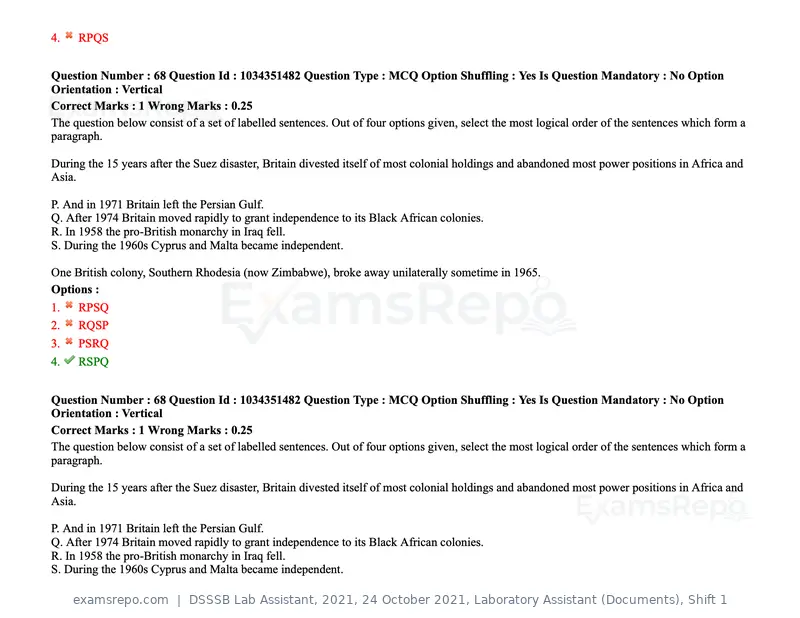 DSSSB Lab Assistant 2021 question paper, 24 October 2021, Laboratory Assistant (Documents), Shift 1, page 61 of 157