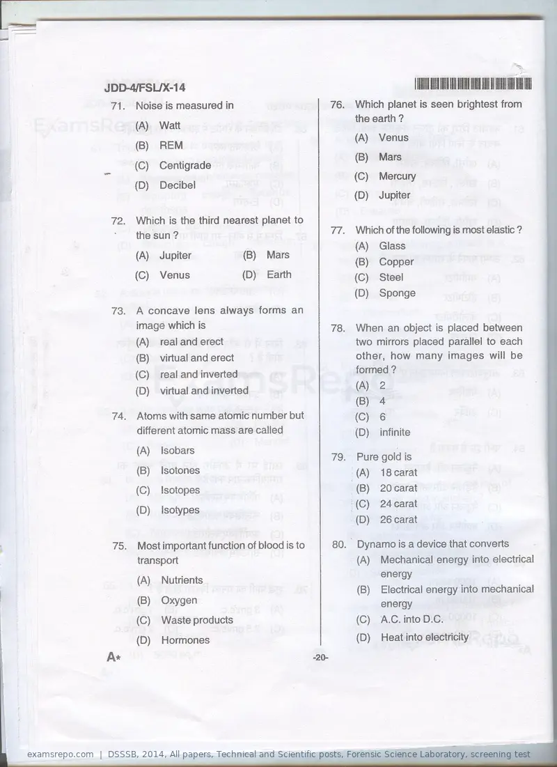 DSSSB 2014 question paper, All papers, Technical and Scientific posts, Forensic Science Laboratory, screening test, page 10 of 12