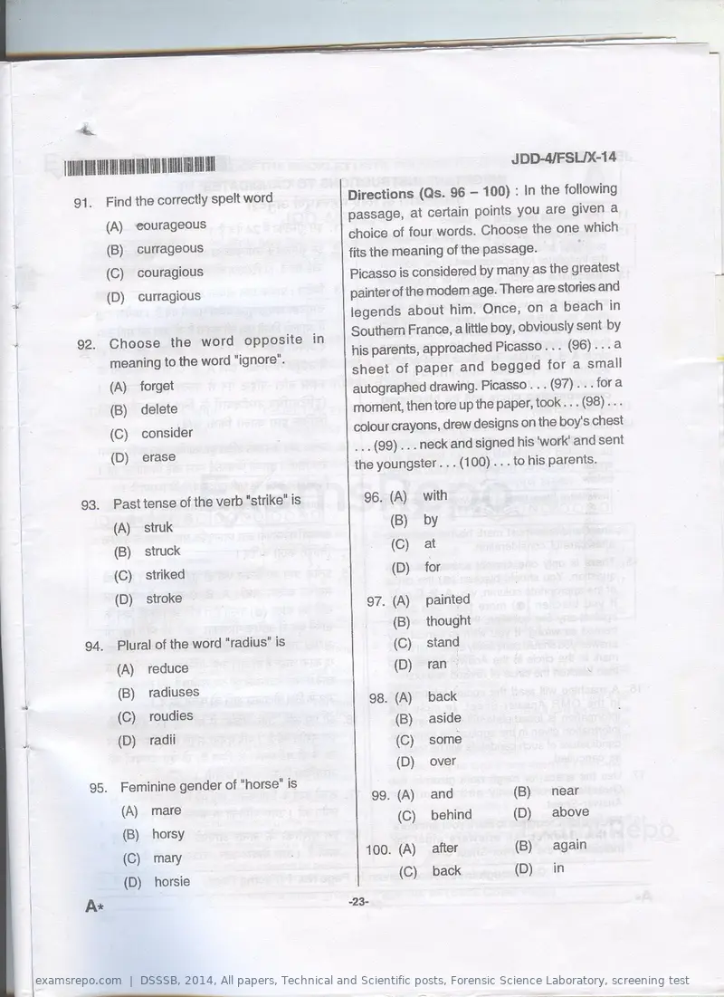 DSSSB 2014 question paper, All papers, Technical and Scientific posts, Forensic Science Laboratory, screening test, page 12 of 12