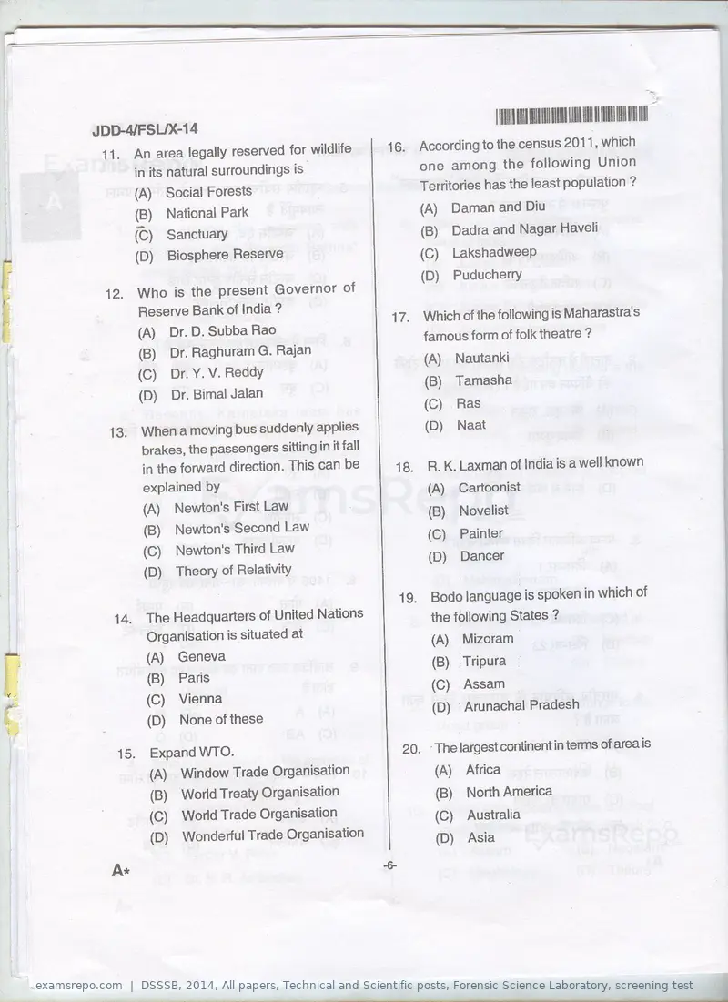 DSSSB 2014 question paper, All papers, Technical and Scientific posts, Forensic Science Laboratory, screening test, page 3 of 12
