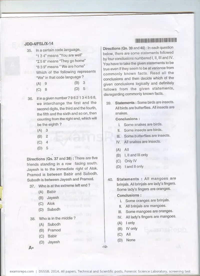 DSSSB 2014 question paper, All papers, Technical and Scientific posts, Forensic Science Laboratory, screening test, page 6 of 12