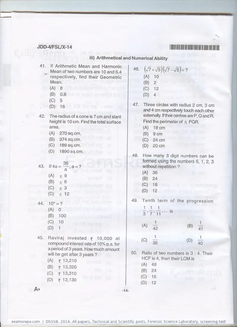 DSSSB 2014 question paper, All papers, Technical and Scientific posts, Forensic Science Laboratory, screening test, page 7 of 12