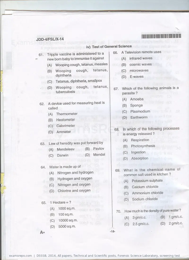 DSSSB 2014 question paper, All papers, Technical and Scientific posts, Forensic Science Laboratory, screening test, page 9 of 12