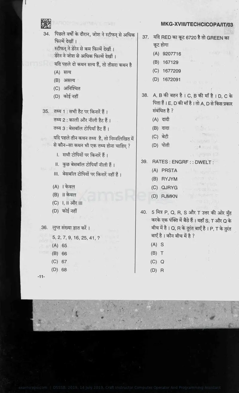 DSSSB 2019 question paper, 14 July 2019, Craft Instructor Computer Operator And Programming Assistant, page 11 of 40