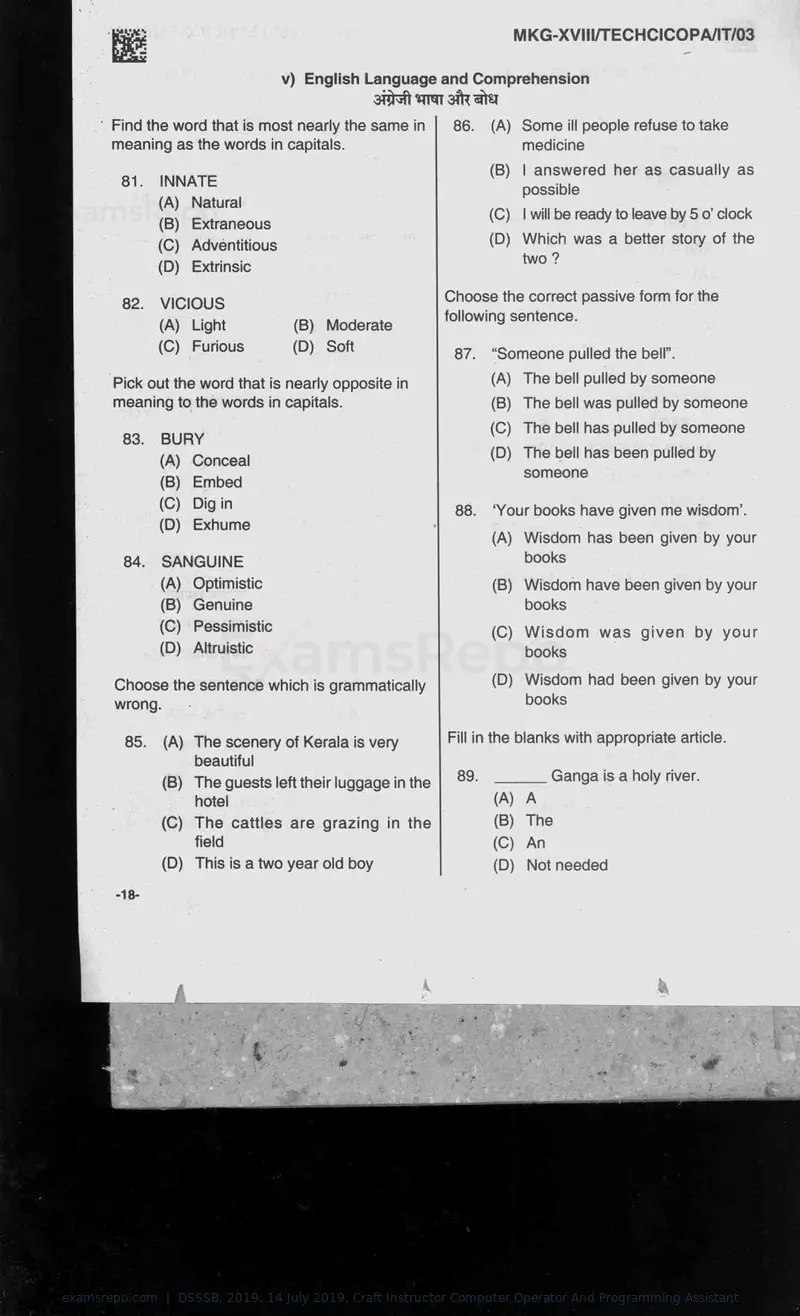 DSSSB 2019 question paper, 14 July 2019, Craft Instructor Computer Operator And Programming Assistant, page 18 of 40