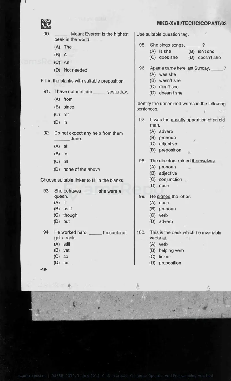DSSSB 2019 question paper, 14 July 2019, Craft Instructor Computer Operator And Programming Assistant, page 19 of 40