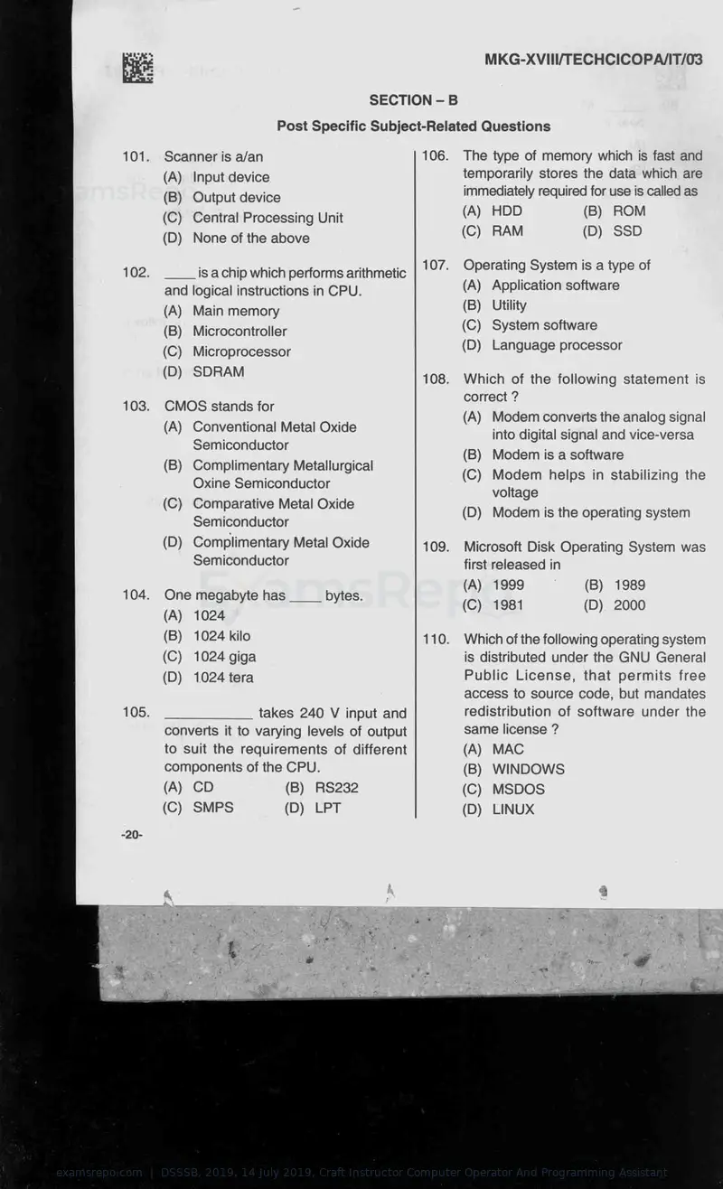 DSSSB 2019 question paper, 14 July 2019, Craft Instructor Computer Operator And Programming Assistant, page 20 of 40