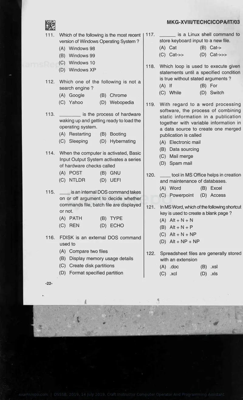 DSSSB 2019 question paper, 14 July 2019, Craft Instructor Computer Operator And Programming Assistant, page 22 of 40