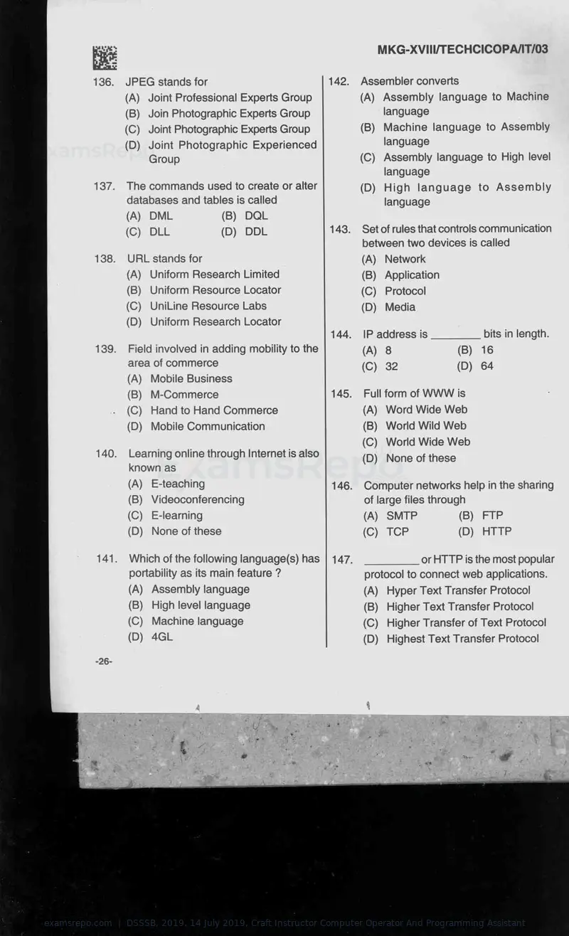 DSSSB 2019 question paper, 14 July 2019, Craft Instructor Computer Operator And Programming Assistant, page 26 of 40