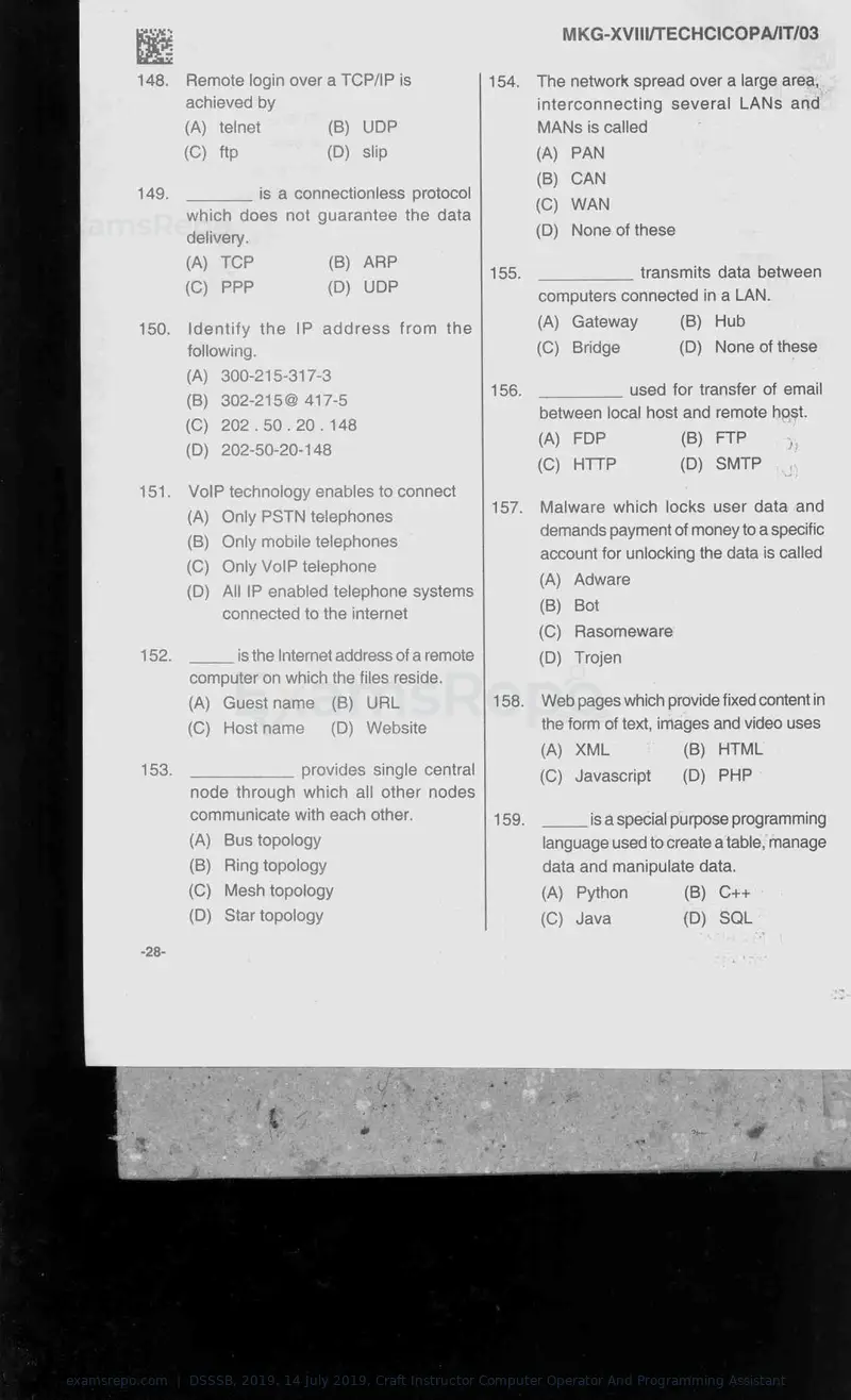 DSSSB 2019 question paper, 14 July 2019, Craft Instructor Computer Operator And Programming Assistant, page 28 of 40