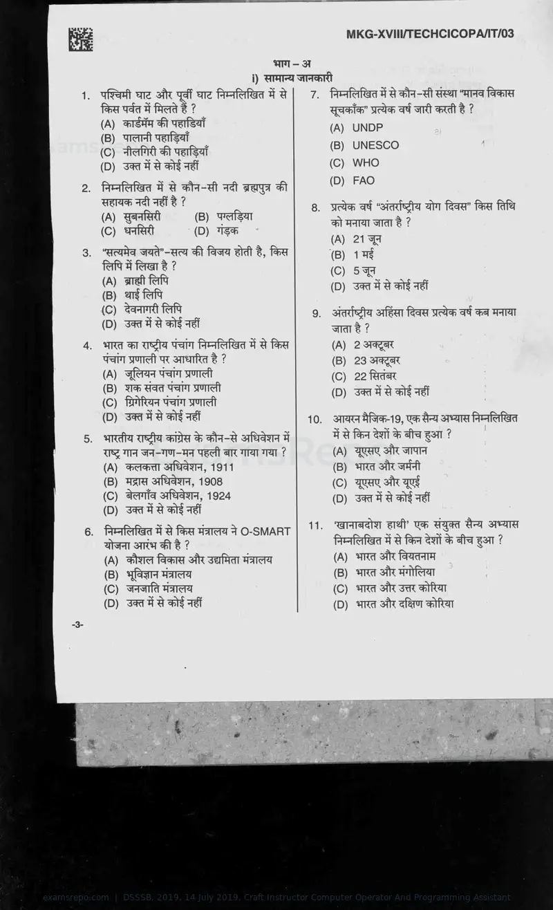DSSSB 2019 question paper, 14 July 2019, Craft Instructor Computer Operator And Programming Assistant, page 3 of 40