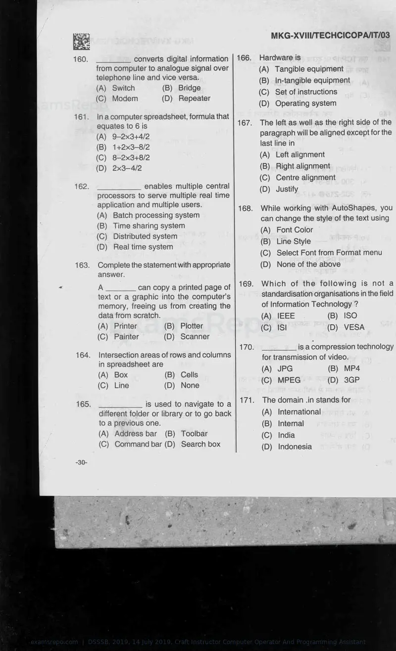DSSSB 2019 question paper, 14 July 2019, Craft Instructor Computer Operator And Programming Assistant, page 30 of 40