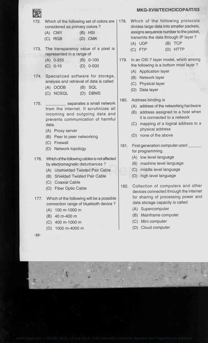 DSSSB 2019 question paper, 14 July 2019, Craft Instructor Computer Operator And Programming Assistant, page 32 of 40