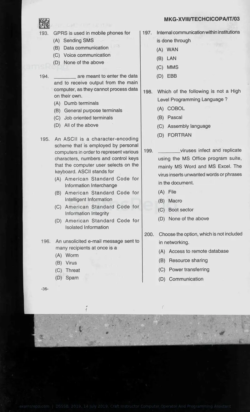 DSSSB 2019 question paper, 14 July 2019, Craft Instructor Computer Operator And Programming Assistant, page 36 of 40