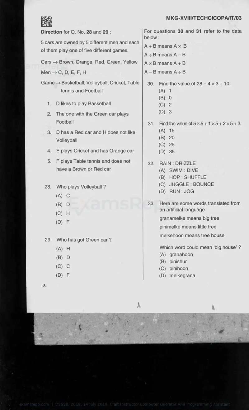 DSSSB 2019 question paper, 14 July 2019, Craft Instructor Computer Operator And Programming Assistant, page 8 of 40