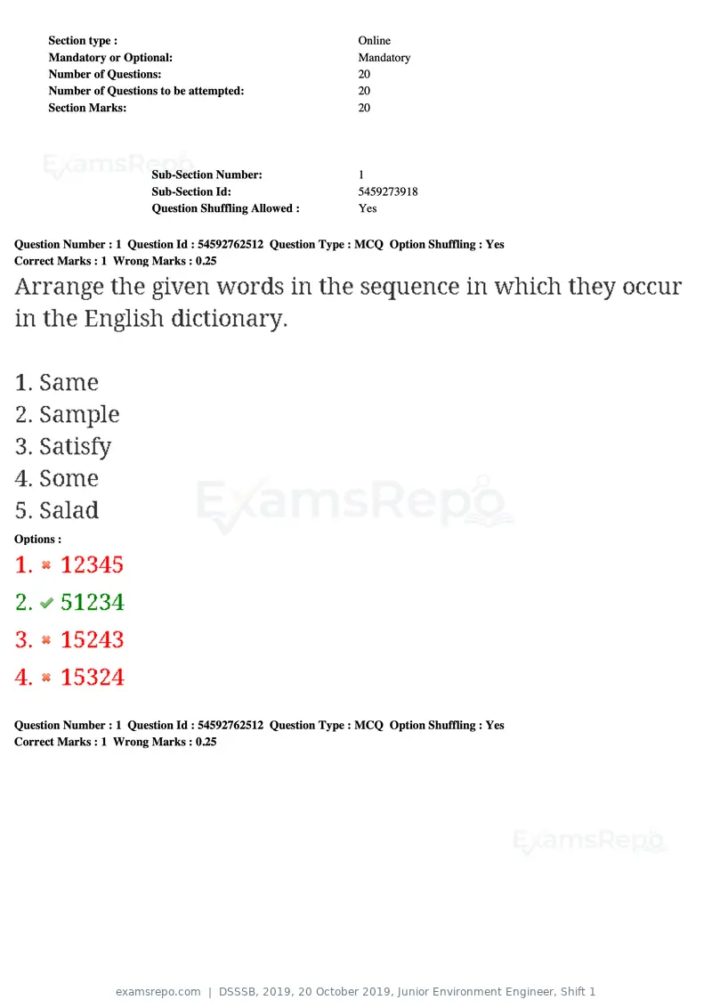 DSSSB 2019 question paper, 20 October 2019, Junior Environment Engineer, Shift 1, page 2 of 163
