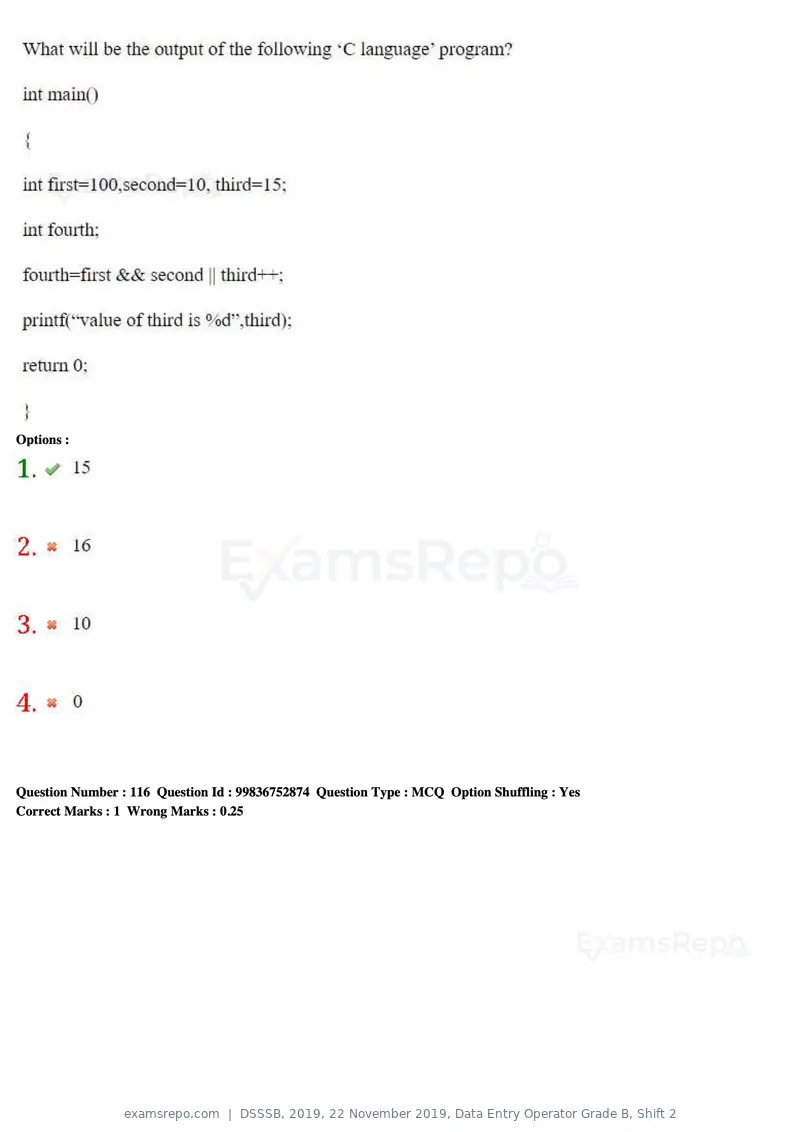 DSSSB 2019 question paper, 22 November 2019, Data Entry Operator Grade B, Shift 2, page 112 of 204