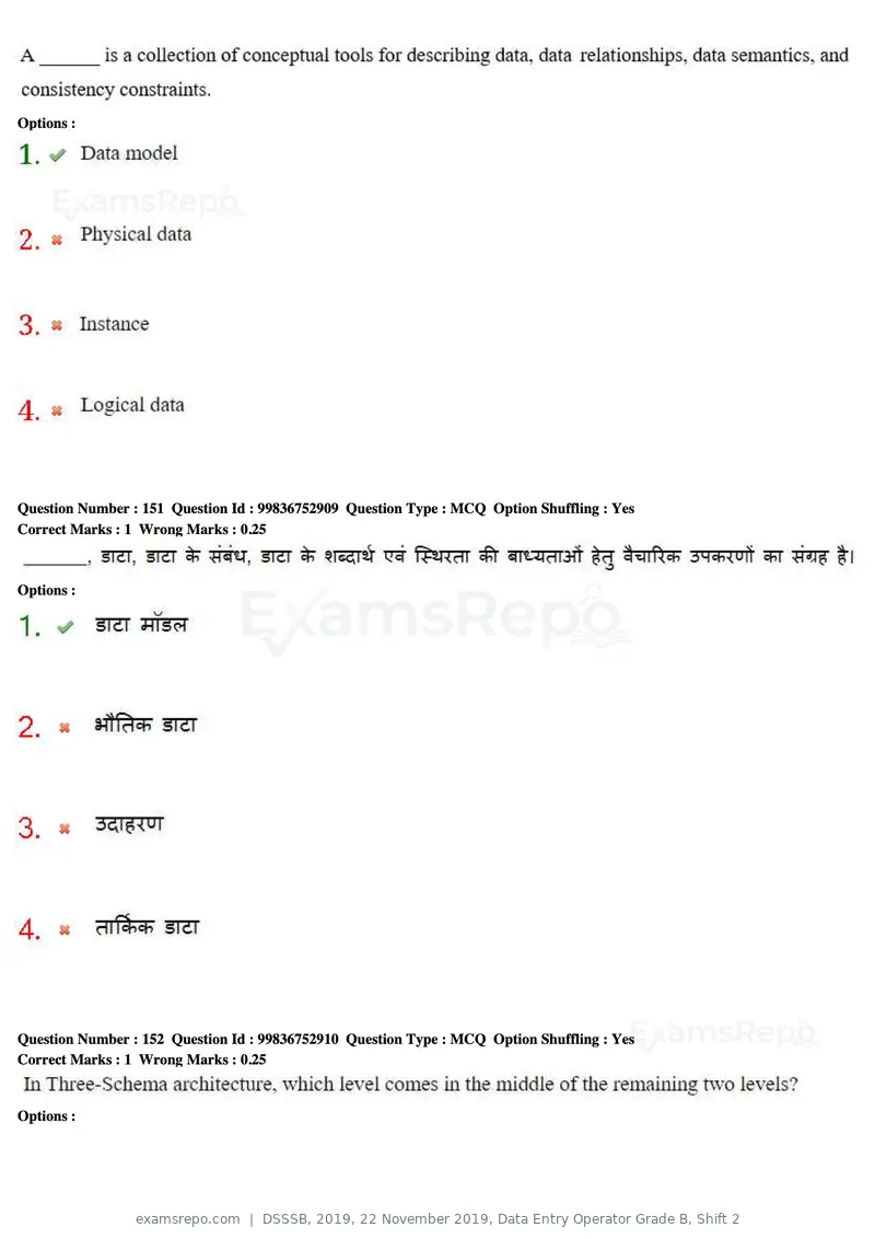 DSSSB 2019 question paper, 22 November 2019, Data Entry Operator Grade B, Shift 2, page 149 of 204