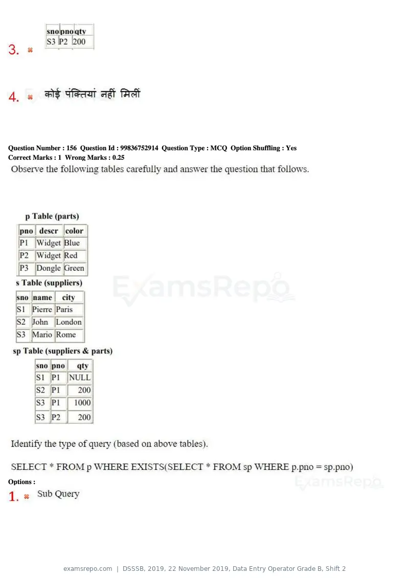 DSSSB 2019 question paper, 22 November 2019, Data Entry Operator Grade B, Shift 2, page 156 of 204