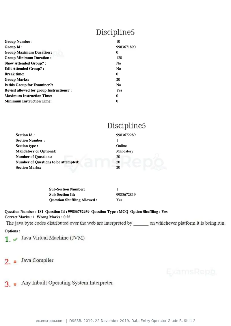 DSSSB 2019 question paper, 22 November 2019, Data Entry Operator Grade B, Shift 2, page 184 of 204