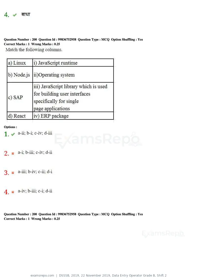 DSSSB 2019 question paper, 22 November 2019, Data Entry Operator Grade B, Shift 2, page 203 of 204