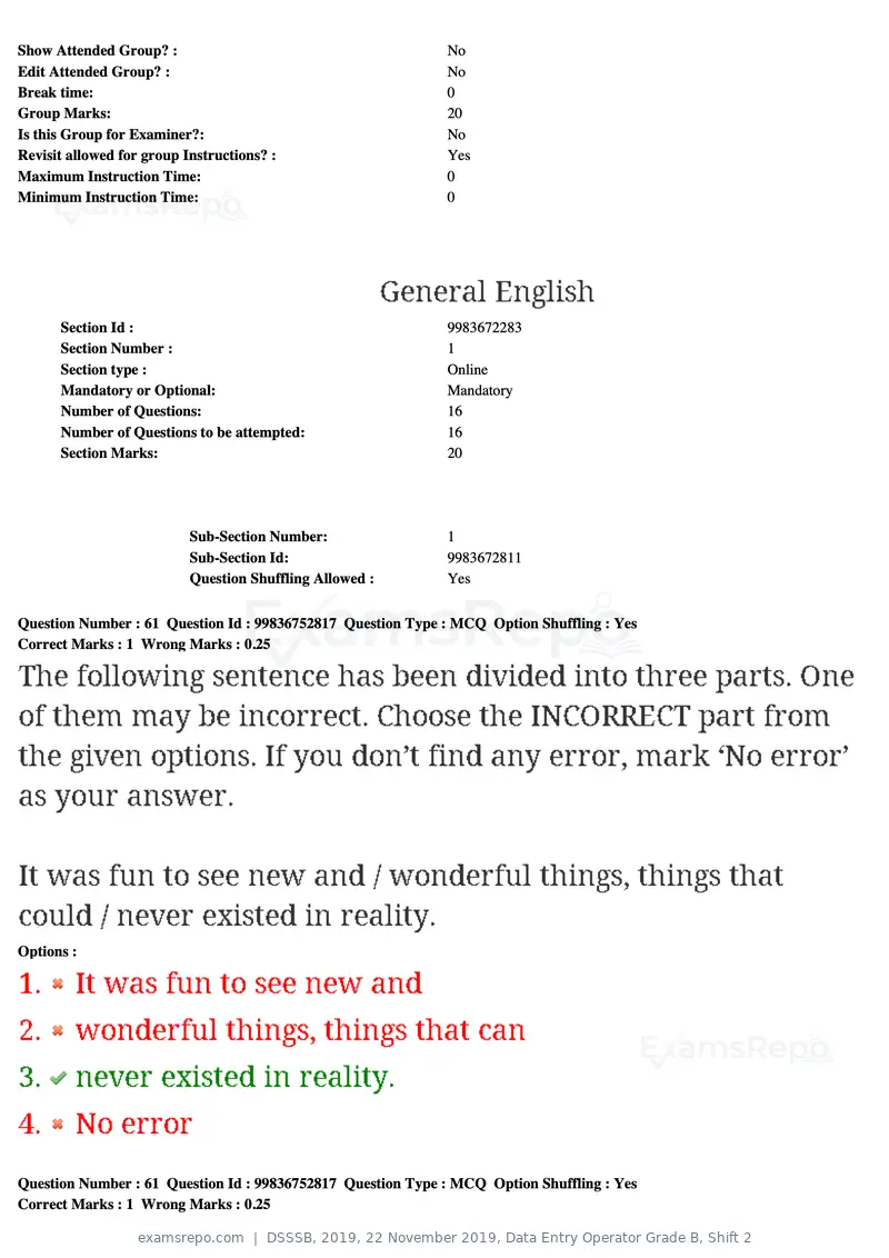 DSSSB 2019 question paper, 22 November 2019, Data Entry Operator Grade B, Shift 2, page 57 of 204