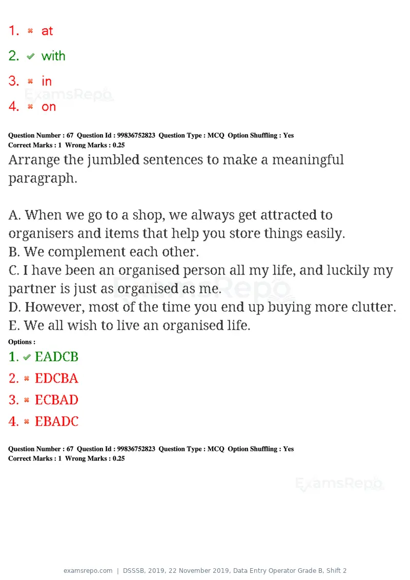 DSSSB 2019 question paper, 22 November 2019, Data Entry Operator Grade B, Shift 2, page 63 of 204