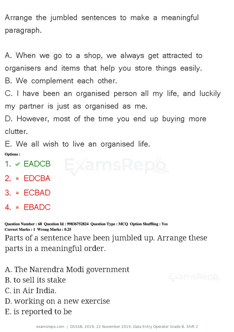 DSSSB 2019 question paper, 22 November 2019, Data Entry Operator Grade B, Shift 2, page 64 of 204