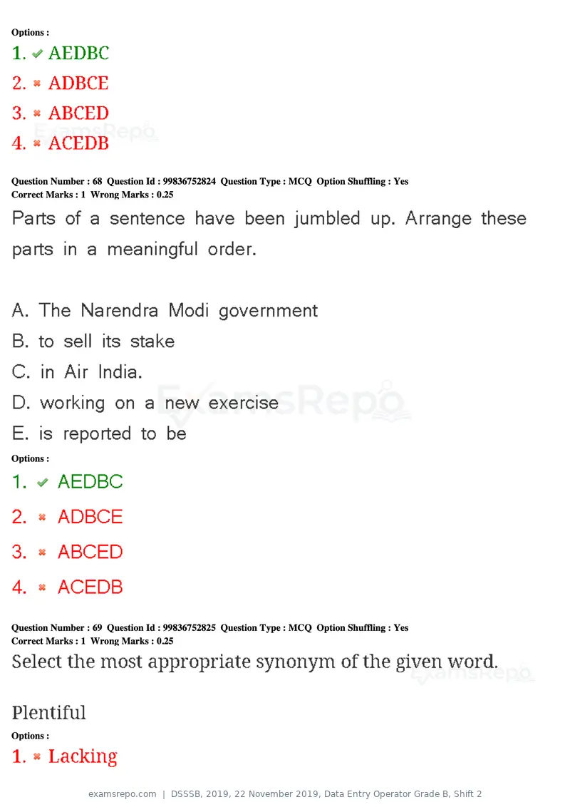 DSSSB 2019 question paper, 22 November 2019, Data Entry Operator Grade B, Shift 2, page 65 of 204