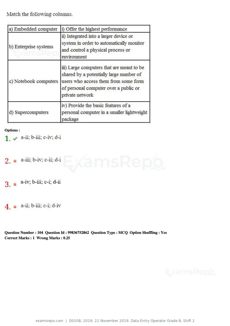 DSSSB 2019 question paper, 22 November 2019, Data Entry Operator Grade B, Shift 2, page 98 of 204