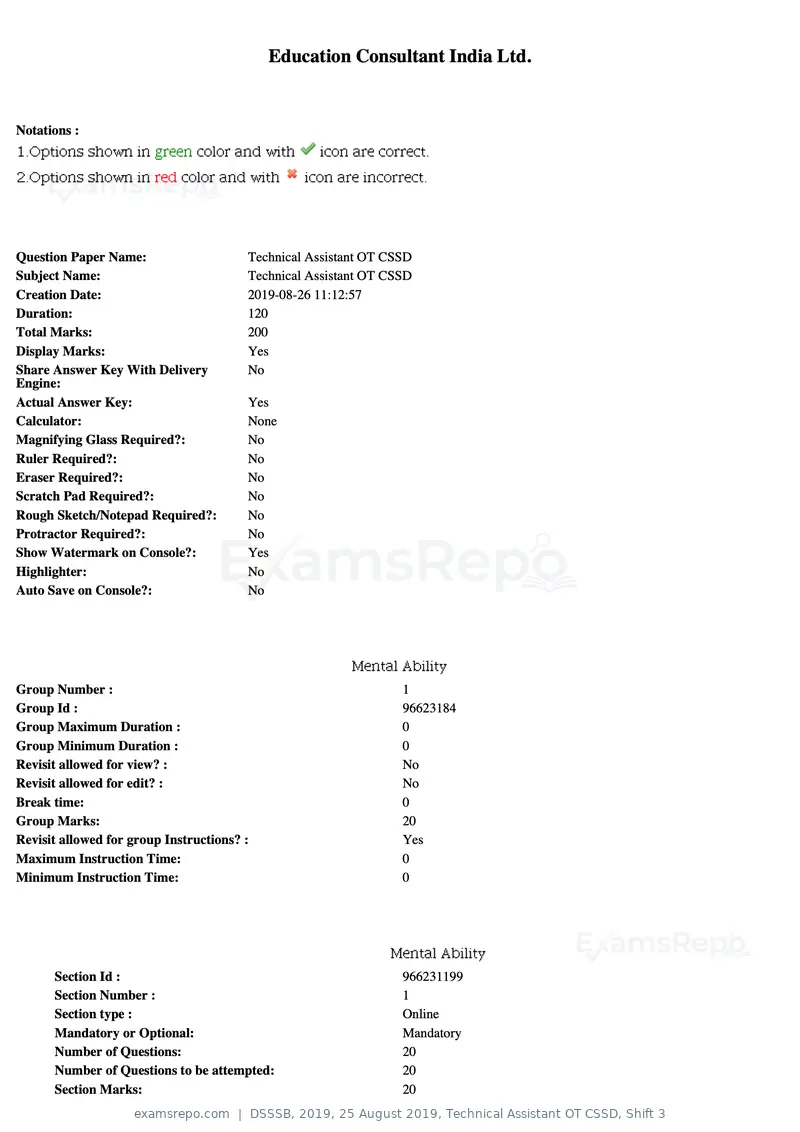 DSSSB 2019 question paper, 25 August 2019, Technical Assistant OT CSSD, Shift 3, page 1 of 125