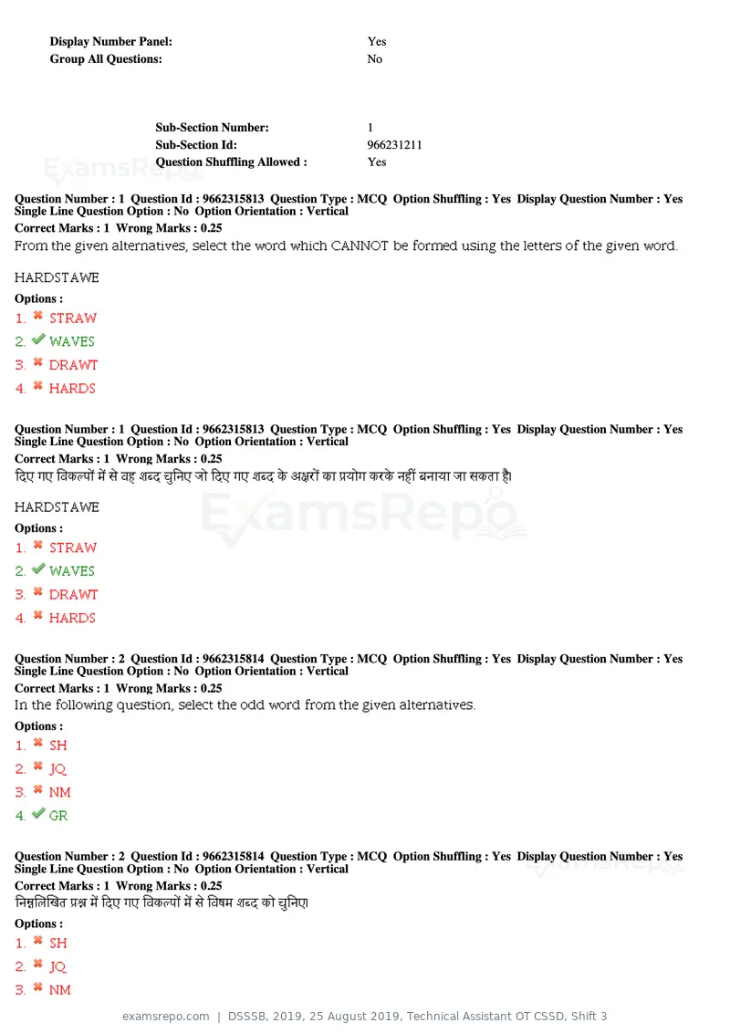 DSSSB 2019 question paper, 25 August 2019, Technical Assistant OT CSSD, Shift 3, page 2 of 125