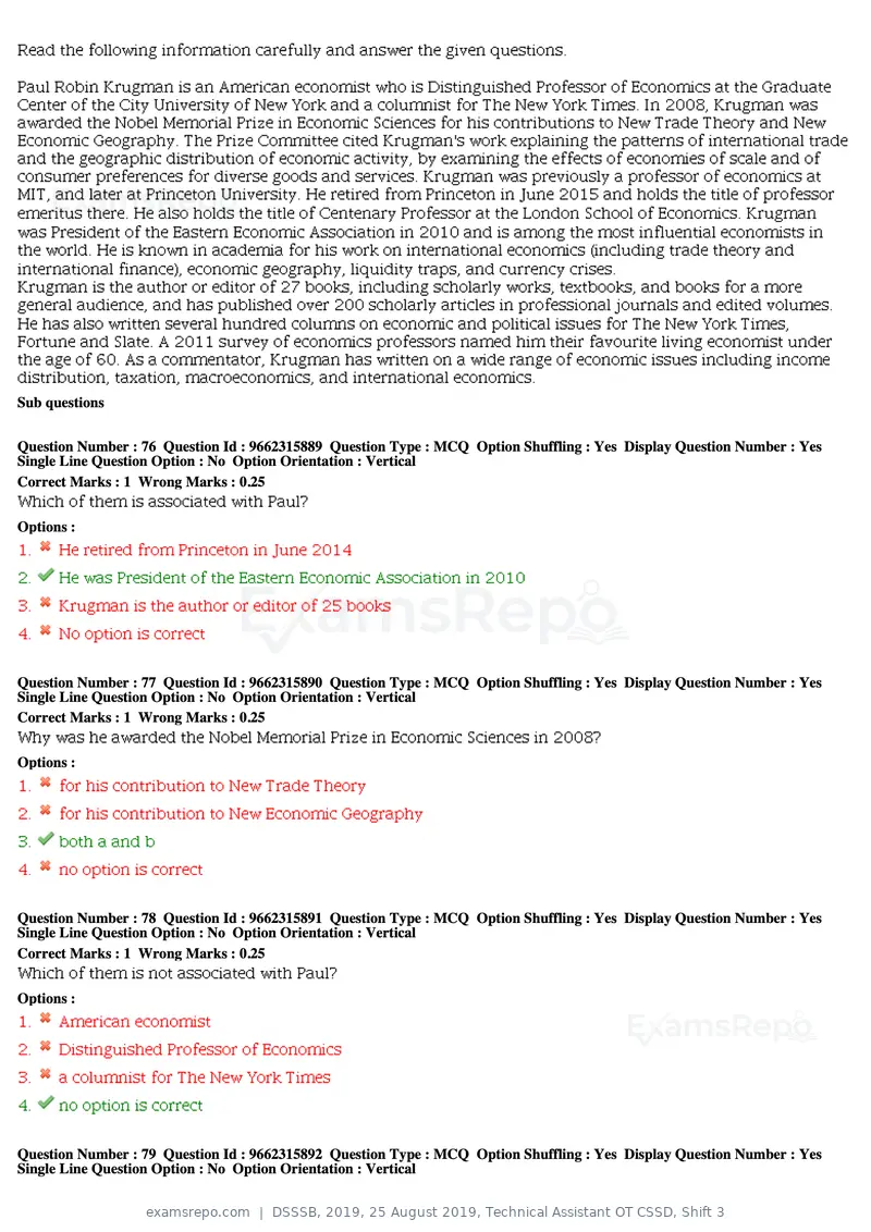 DSSSB 2019 question paper, 25 August 2019, Technical Assistant OT CSSD, Shift 3, page 43 of 125