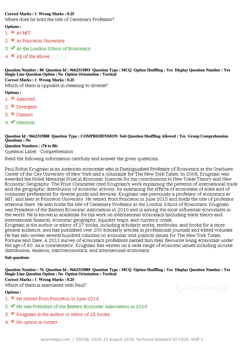 DSSSB 2019 question paper, 25 August 2019, Technical Assistant OT CSSD, Shift 3, page 44 of 125