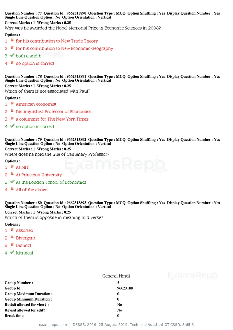 DSSSB 2019 question paper, 25 August 2019, Technical Assistant OT CSSD, Shift 3, page 45 of 125
