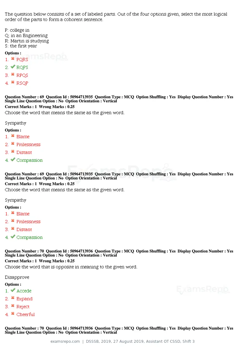 DSSSB 2019 question paper, 27 August 2019, Assistant OT CSSD, Shift 3, page 41 of 128