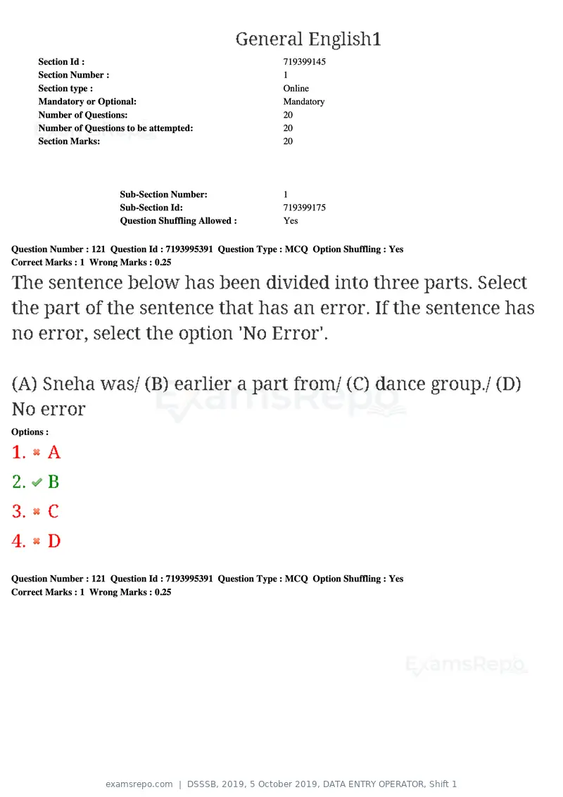 DSSSB 2019 question paper, 5 October 2019, DATA ENTRY OPERATOR, Shift 1, page 106 of 178