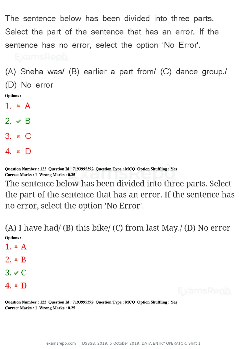 DSSSB 2019 question paper, 5 October 2019, DATA ENTRY OPERATOR, Shift 1, page 107 of 178