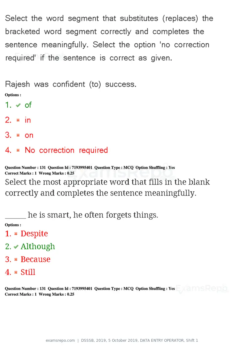 DSSSB 2019 question paper, 5 October 2019, DATA ENTRY OPERATOR, Shift 1, page 116 of 178
