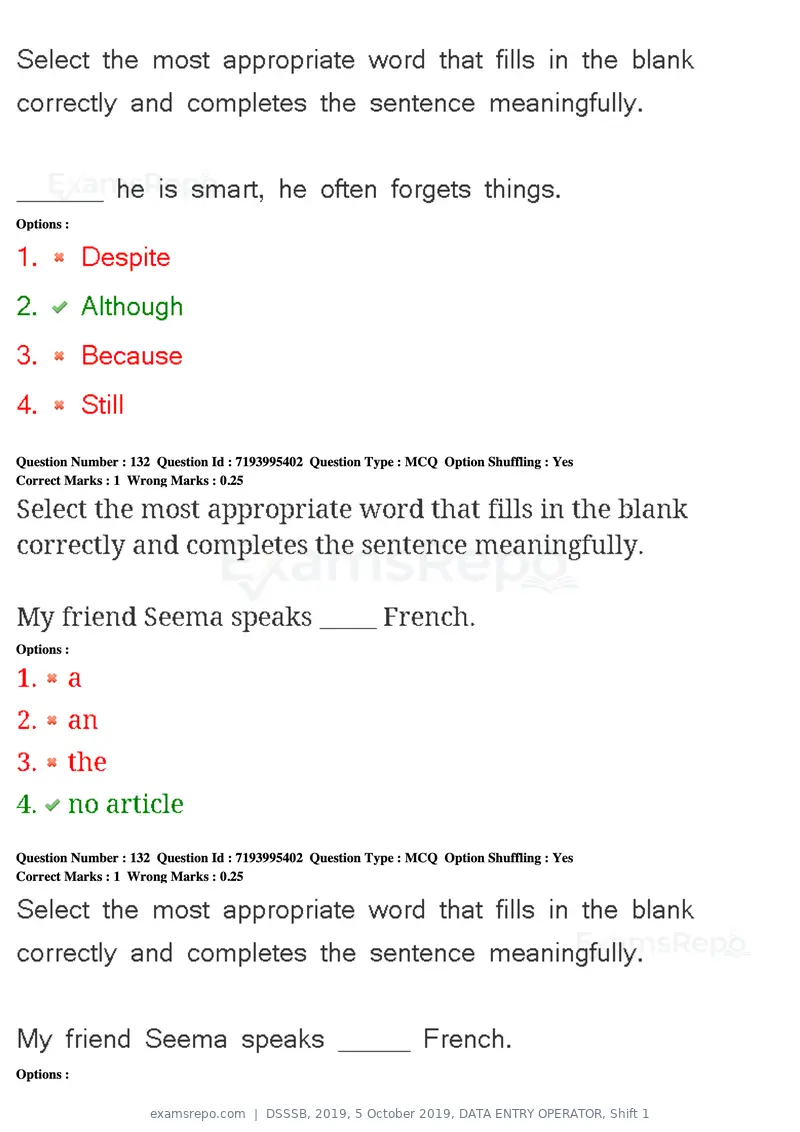 DSSSB 2019 question paper, 5 October 2019, DATA ENTRY OPERATOR, Shift 1, page 117 of 178