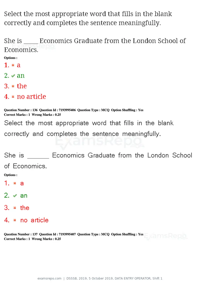 DSSSB 2019 question paper, 5 October 2019, DATA ENTRY OPERATOR, Shift 1, page 121 of 178