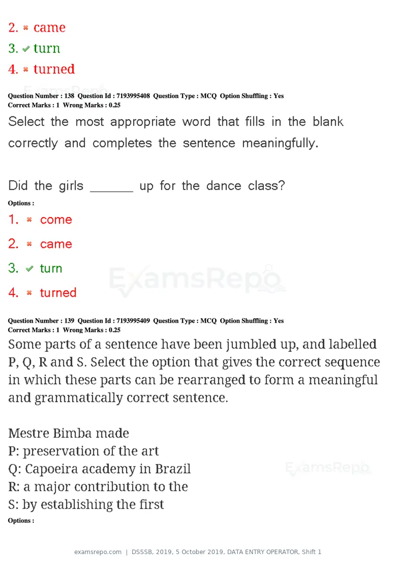 DSSSB 2019 question paper, 5 October 2019, DATA ENTRY OPERATOR, Shift 1, page 123 of 178