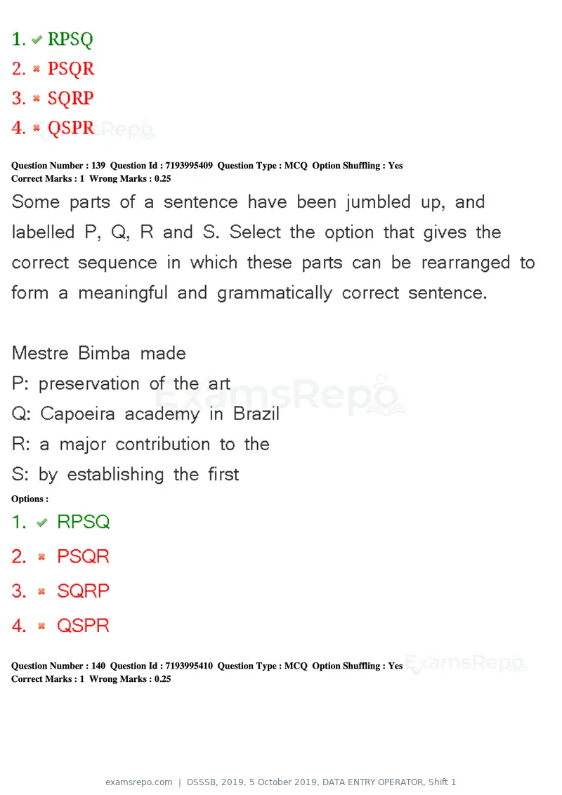 DSSSB 2019 question paper, 5 October 2019, DATA ENTRY OPERATOR, Shift 1, page 124 of 178