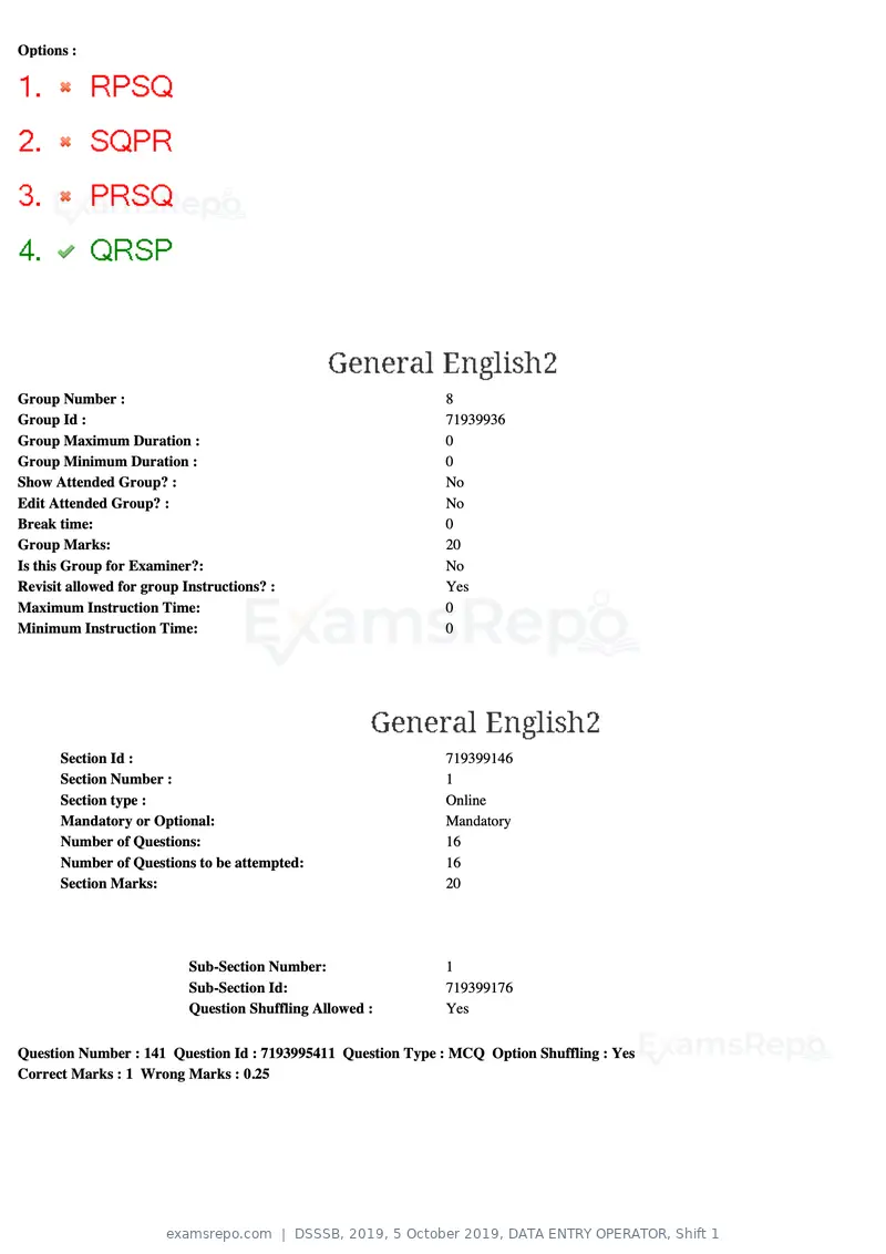 DSSSB 2019 question paper, 5 October 2019, DATA ENTRY OPERATOR, Shift 1, page 126 of 178