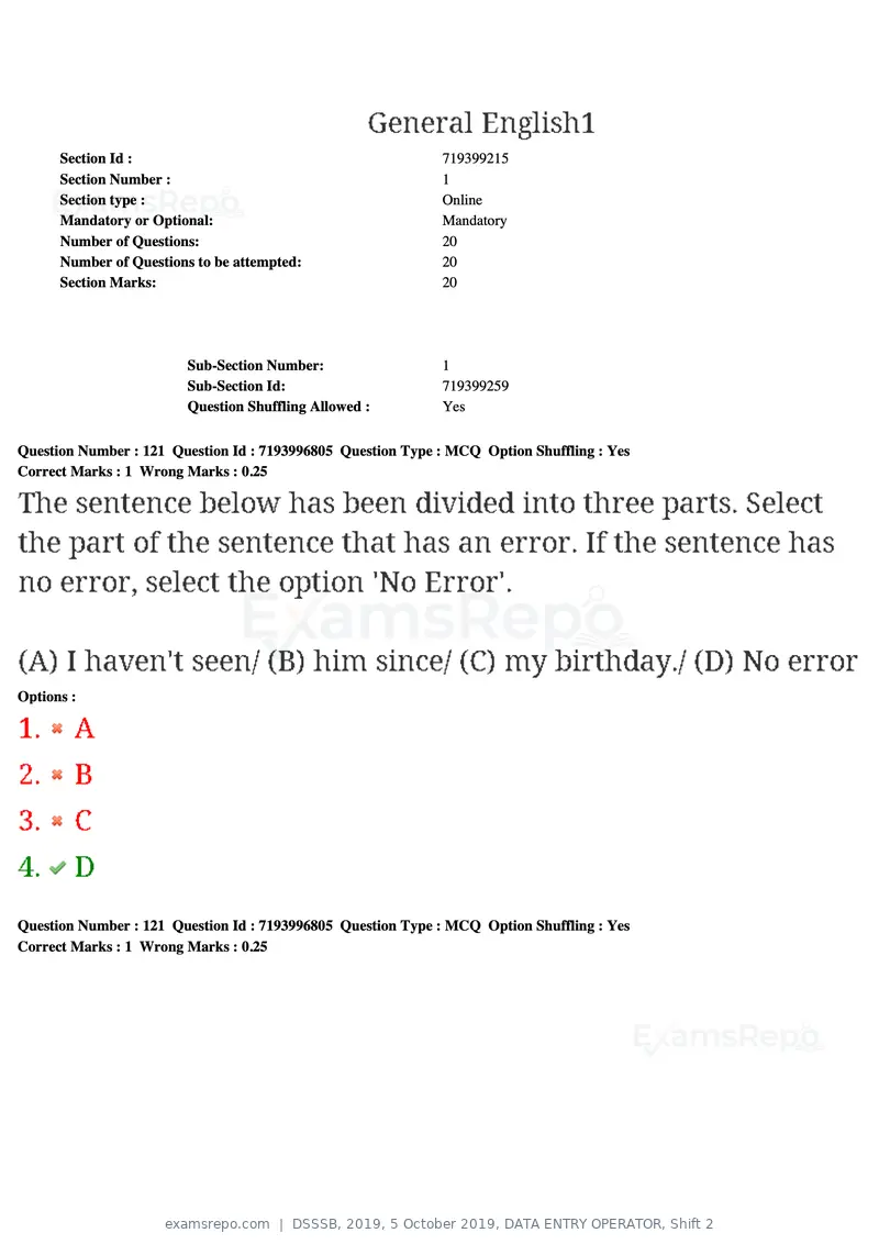 DSSSB 2019 question paper, 5 October 2019, DATA ENTRY OPERATOR, Shift 2, page 103 of 175