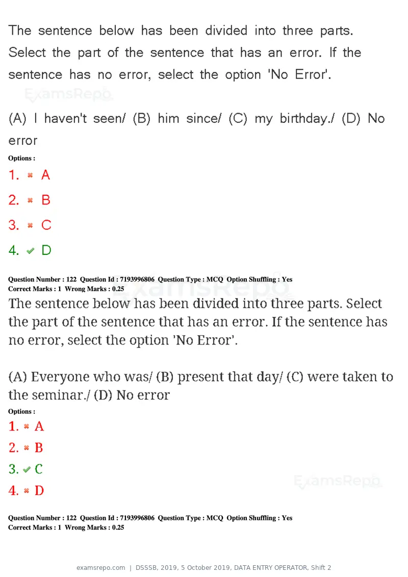 DSSSB 2019 question paper, 5 October 2019, DATA ENTRY OPERATOR, Shift 2, page 104 of 175