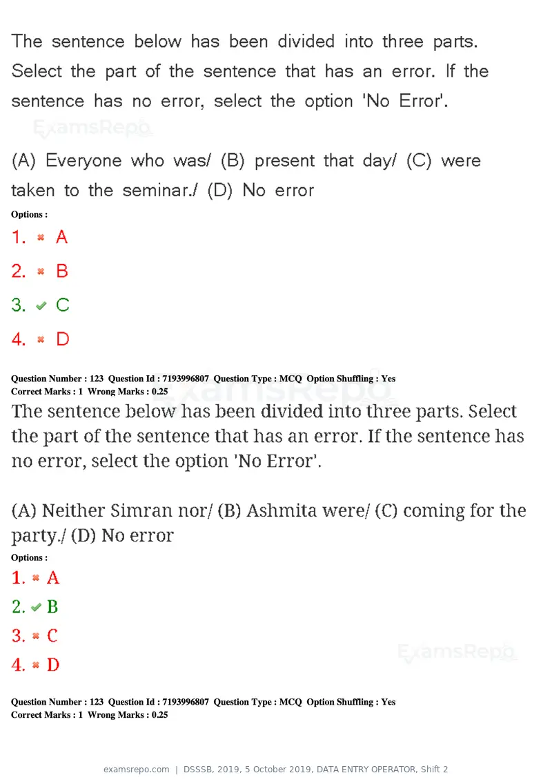 DSSSB 2019 question paper, 5 October 2019, DATA ENTRY OPERATOR, Shift 2, page 105 of 175