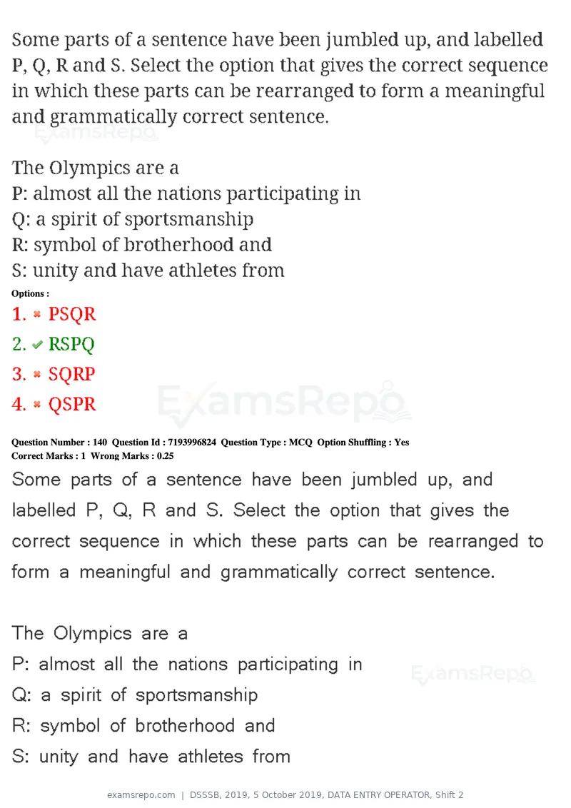 DSSSB 2019 question paper, 5 October 2019, DATA ENTRY OPERATOR, Shift 2, page 122 of 175